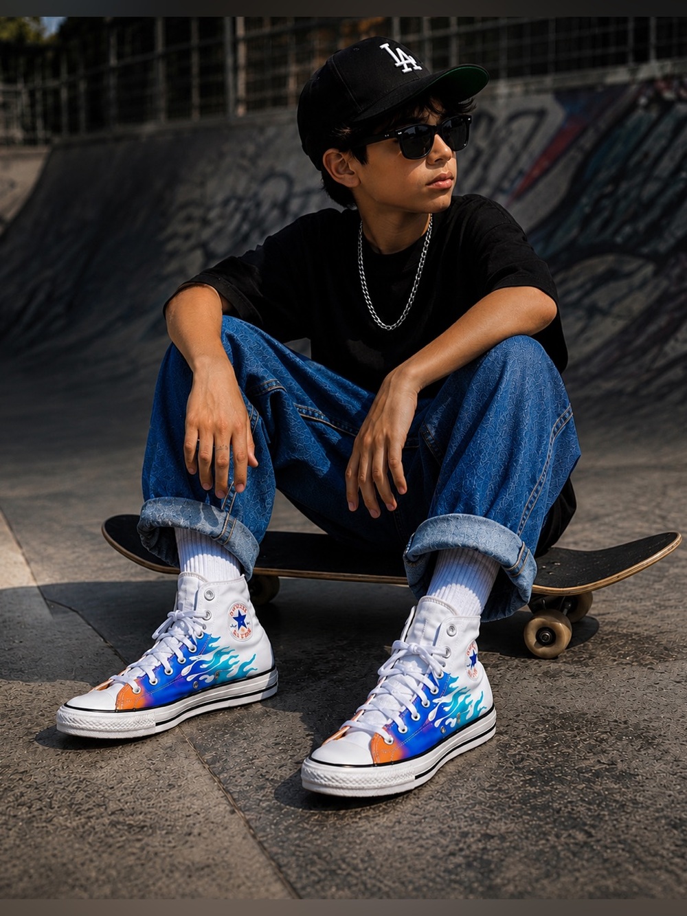 Converse All Star Big Boy Flame Graphic High Tops White Cobalt Blue , AguaOrange